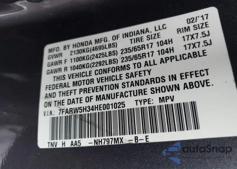 2017 Honda Cr-V Lx из США, поврежденный, VIN 7FARW5H34HE001025